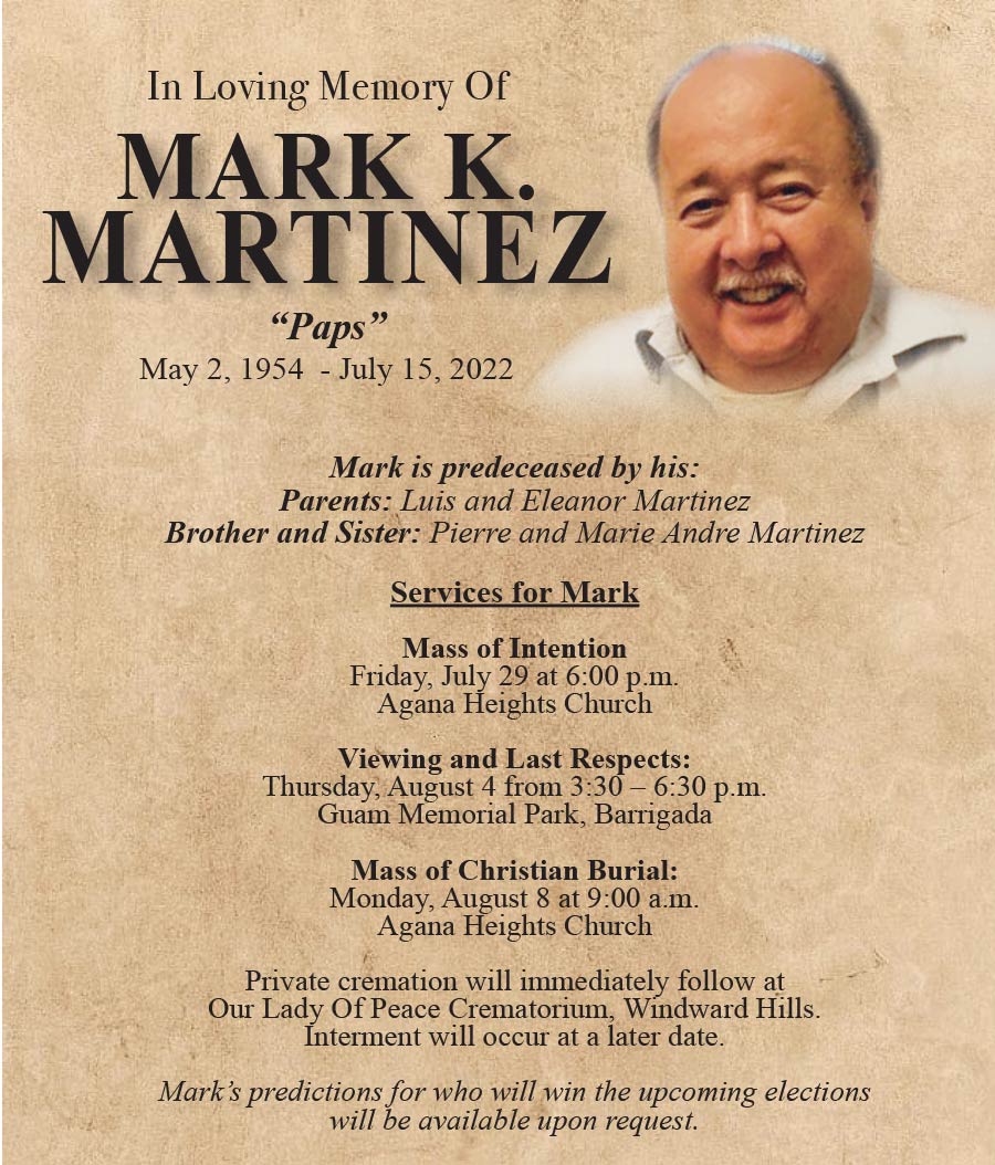 Mark Martinez Obituary (1954 2022) Barrigada, Guam Pacific Daily News