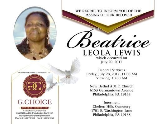 Beatrice Lewis Obituary Philadelphia Pennsylvania Legacy