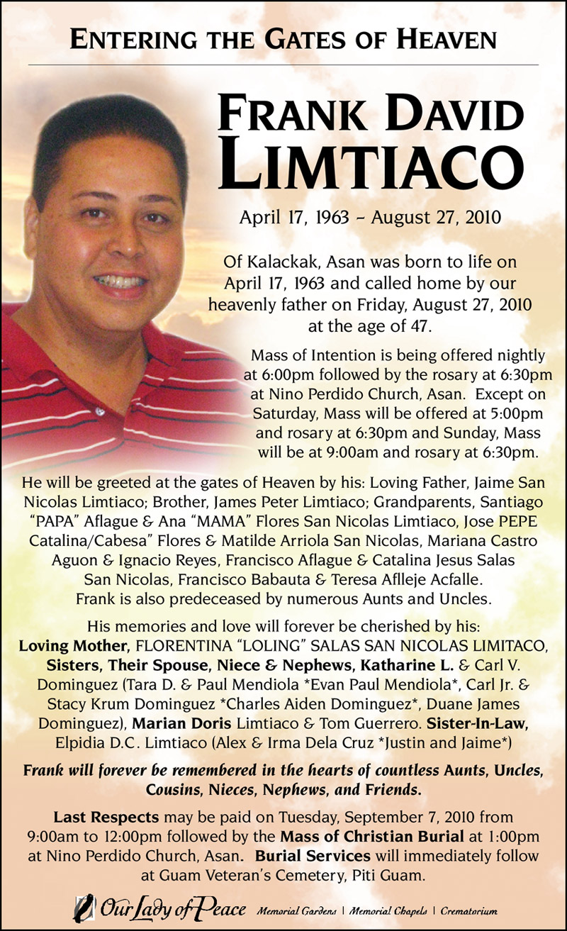 Frank Limtiaco Obituary (2010) Hagatna, Guam Pacific Daily News