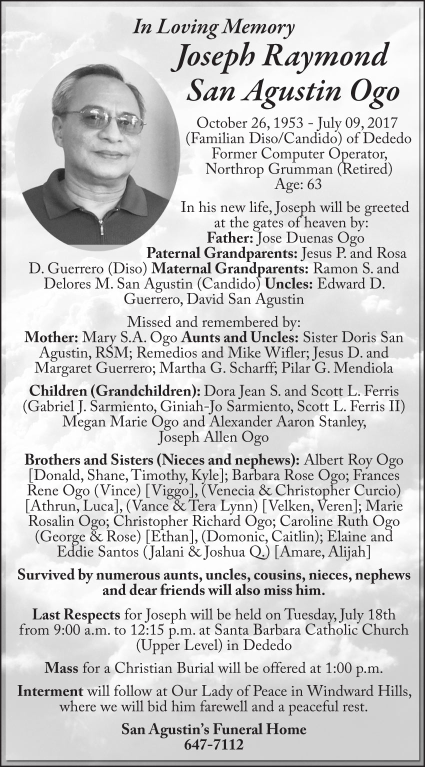 Joseph Raymond Ogo Obituary (1953 2017) Harmon, Guam Pacific