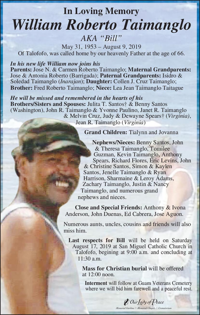 William Taimanglo Obituary (1953 2019) Barrigada, Guam Pacific