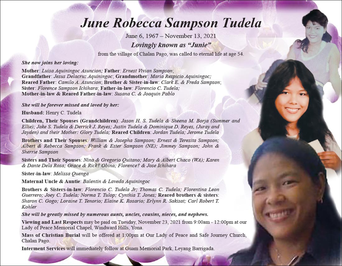 June Robecca Tudela Obituary (1967 2021) Barrigada, Guam Pacific