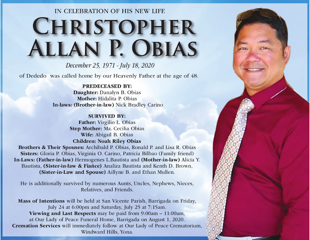 Christopher Obias Obituary (1971 2020) Barrigada, Guam Pacific