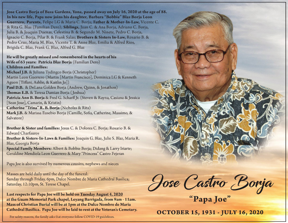 Jose Borja Obituary (1931 2020) Hagatna, Guam Pacific Daily News