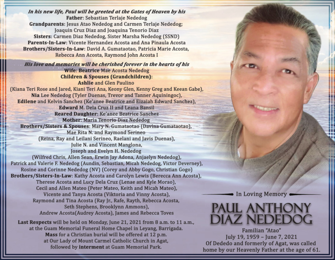 Paul Anthony Nededog Obituary (1959 2021) Barrigada, Guam Pacific