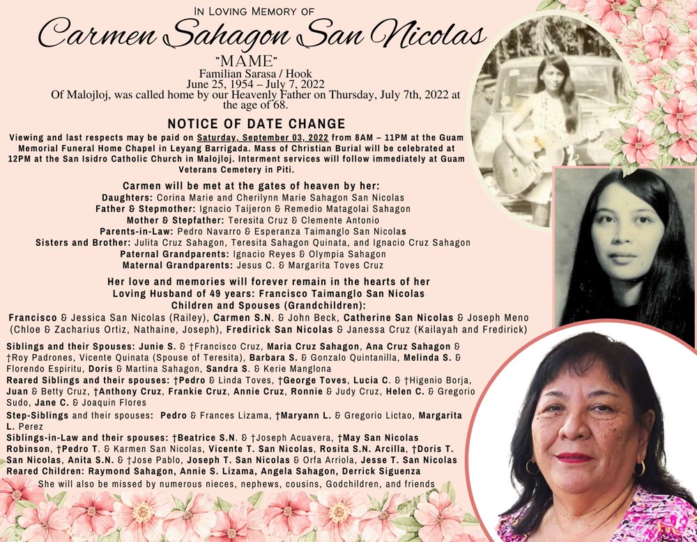 Carmen San Nicolas Obituary (1954 2022) Barrigada, Guam Pacific
