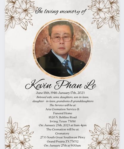 Kevin Le Obituary - Aria Cremation Service and Funeral Home - Irving - 2023