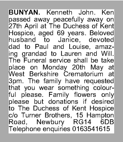Kenneth BUNYAN obituary, Newbury, Berkshire
