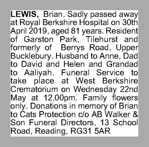 Brian LEWIS obituary, Newbury, Berkshire