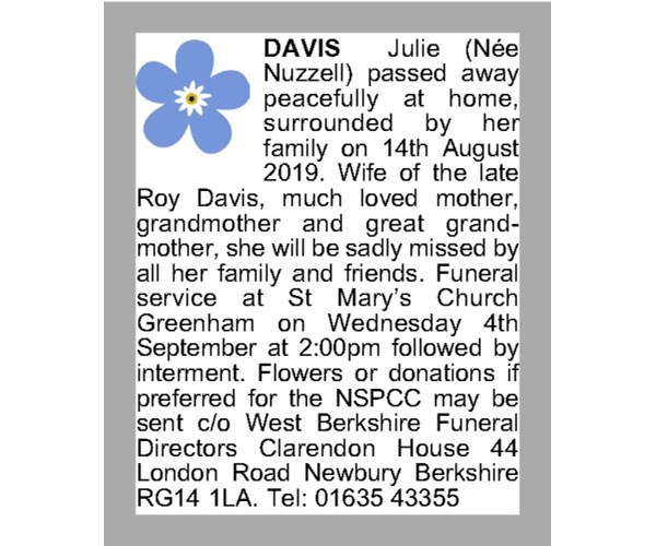 Julie DAVIS Obituary (2019) Legacy Remembers