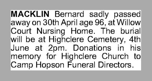 Bernard MACKLIN obituary, Newbury, Berkshire