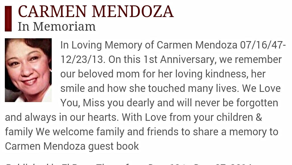 Carmen Mendoza Obituary 1947 2013 Legacy Remembers